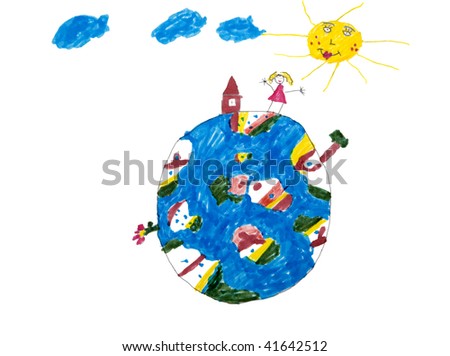 child`s picture. Round earth with girl, tree, house and flower. White background