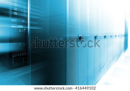 futuristic data center with rows supercomputers motion blur