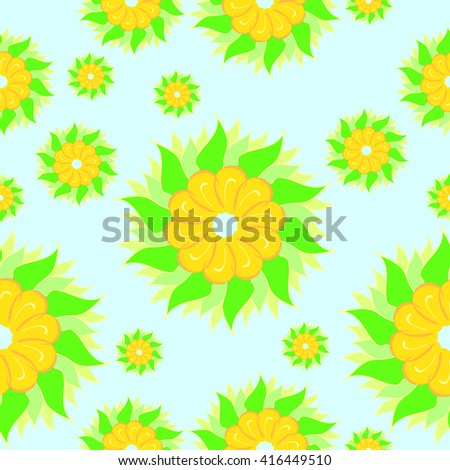 Yellow flowers with green petals on a blue background. seamless pattern