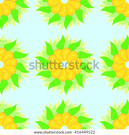Yellow flowers with green petals on a blue background. seamless pattern