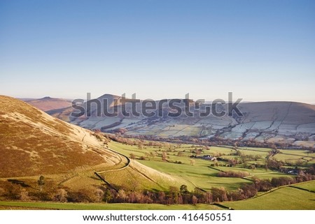 Valley and fields on frosty morning, Hope Valley, Peak District, UK