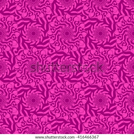 Seamless creative hand-drawn pattern of stylized flowers in bright fuchsia and mauve colors. Vector illustration.