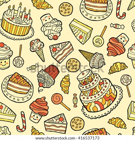 Seamless pattern with sweets on a beige background. Vector illustration.