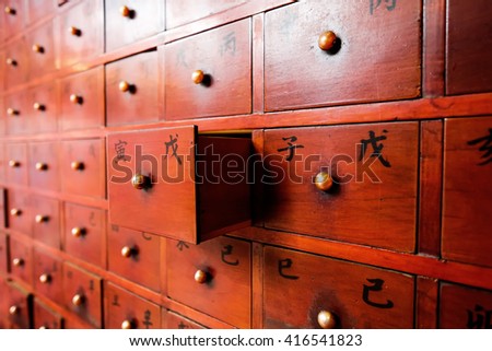 Asia culture concept image - an opened Chinese fortune wooden box/drawer in traditional temple(Chinese Translation on each box : those means Chinese Stems-and-Branches system) 