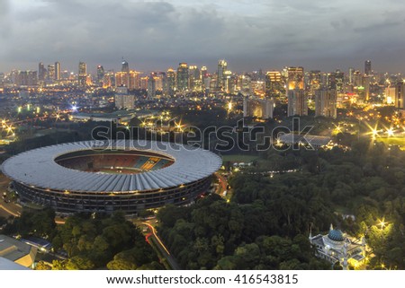 The Gelora Bung Karno Main Stadium (formerly Gelora Senayan) is a multi-purpose stadium located within in Central Jakarta, Indonesia. The stadium is named after Sukarno, Indonesia's first President. Royalty-Free Stock Photo #416543815