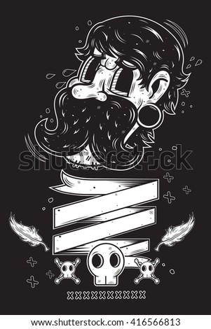 Old man with banner, skull and crossbones on black background