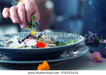 Chefs hand prepares a salad with chicken meat and decorates this meal with herbs and edible flowers. Royalty-Free Stock Photo #416591656