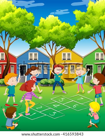 Children playing hopscotch in the yard illustration