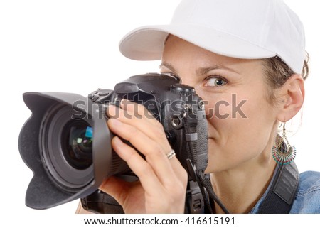 young woman with a camera on isolated on white background. youth lifestyle