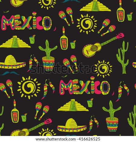 Seamless mexican pattern. Hand drawn mexican symbols. Mexico. Black background