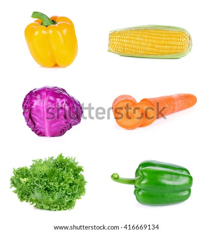 Ripe yellow bell peppers,Ripe green bell peppers,purple cauliflower,Maize, Carol,Lettuce on white background
