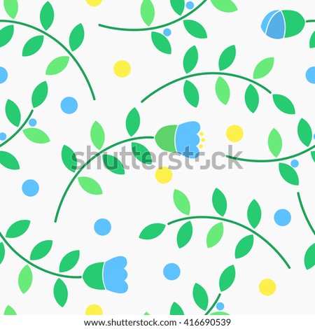 Seamless vector pattern with floral elements on the light background. Pattern created with green branches with leaves, blue flowers and dots. Good for wrapping paper, web-site backgrounds, textile.