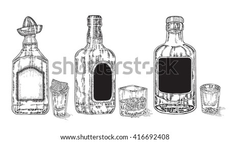 Three bottles with strong alcohol. Hand drawn whiskey and tequila in bottle and glass. 