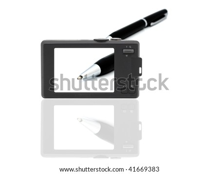 Compact digital camera photographed pen.  Display - close-up tip pen. Reflection at the bottom of a white background. Pen in the background is blurred. Shallow depth of field. Isolated object.