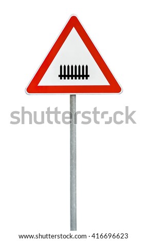 Triangle road sign rails on road