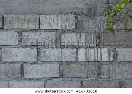 neat raw cement brick wall with cement drippings and weeds on the top right Royalty-Free Stock Photo #416701018