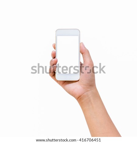 Woman  hand holding smartphone isolated on white background, clipping path Royalty-Free Stock Photo #416706451
