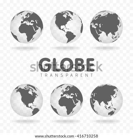 Vector Illustration of gray globe icons with different continents. Transparent background. Realistic shadow. Maps of different countries