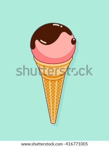 Colorful tasty isolated ice cream at a turquoise background. Crunchy wafer cone filled with a scoop of pink ice cream with chocolate topping. Illustration