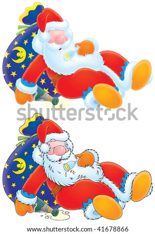 Santa Claus sleeping on his bag with Christmas gifts