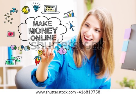 Make Money Online concept with young woman in her home office