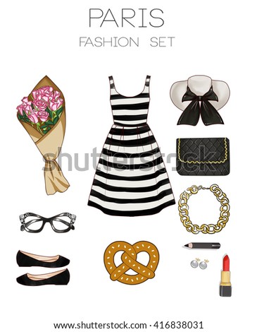Fashion set of woman's clothes and accessories - Paris - French style outfit -striped dress, hat, flat shoes, jewels bag and items
