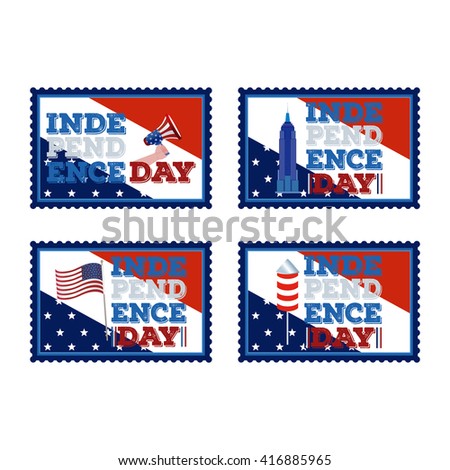 Set of stickers with text and different icons for independence day celebrations