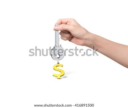Woman hand holding silver key with golden dollar sign shape keyring, isolated on white background.