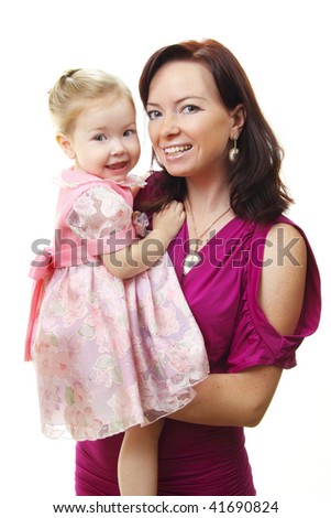 Picture of happy mother with baby over white