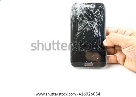 Smartphone drop to the floor and screen damage broken isolated on white background