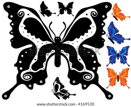 Vector Four sets of two butterflies in different colors. Blue, orange, black or black and white.