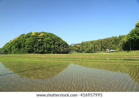 The landscape of Satoyama.The country with hills and fields, a field and a rice paddy is called Satoyama in Japan. This picture was taken in Inzai city in Chiba prefecture.