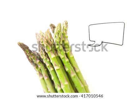 Bunch of fresh asparagus with comic style label isolated on white