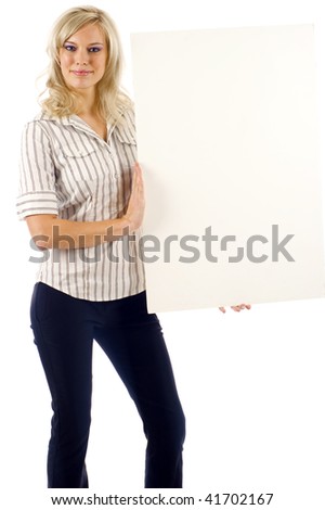 Beautiful Woman Holding a Sign or Board - Isolated over a White Background