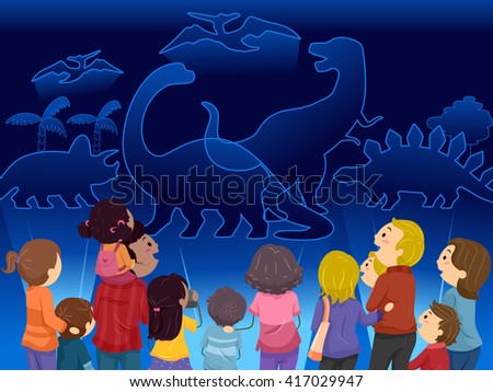 Stickman Illustration of Families Watching Dinosaur Holograms