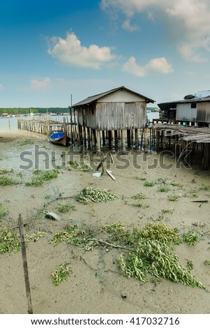 Kukup Fishing Village Pontian District, Johor, Malaysia. Kukup are famous with Open-air seafood restaurants built on stilts over the water.