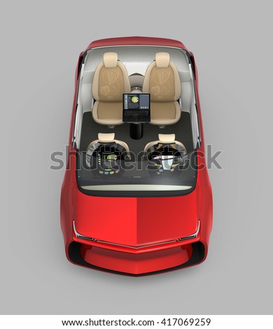 Front view of self-driving car cutaway image. Front seats turned backward in meeting mode. 3D rendering image with clipping path.