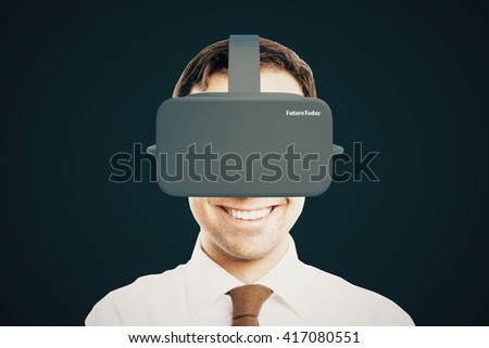 Smiling businessman with virtual reality helmet on dark background. 3D Rendering