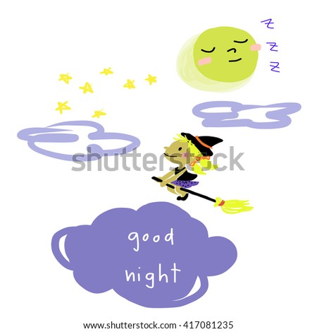 Good Night with cute little witch on broomstick - vector, illustration