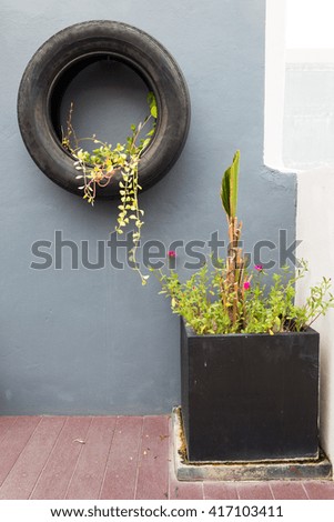 Recycle of wheel tire of car used for flowers and plants in a farm in Phuket