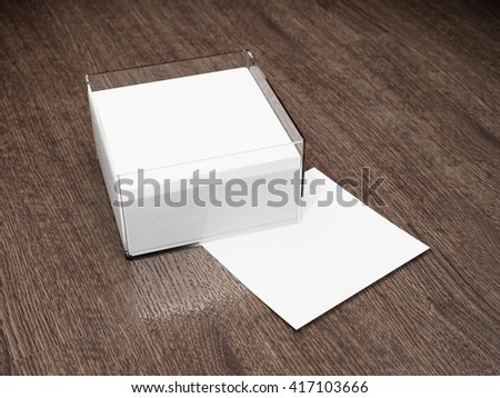 Blank notes with glass holder on wooden table. 3D illustration.
