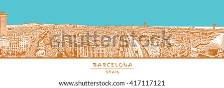 Barcelona, Spain. Horizontal panorama with the Rambla street. Orange and turquoise vector image in engraving style.