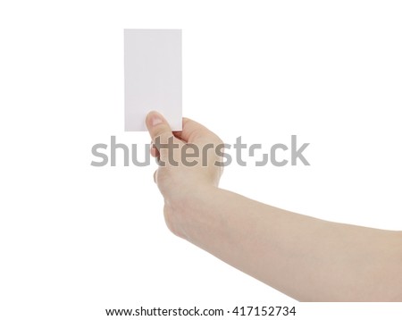 young woman hand hold and showing empty paper card, isolated on white background