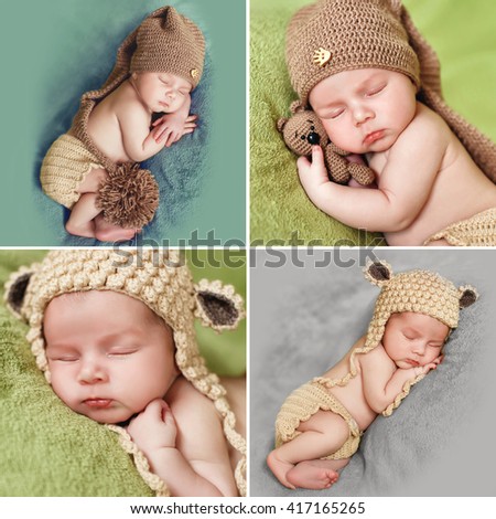 Newborn baby peacefully sleeping. Little newborn baby few days, sleeps. baby boy. infant. cute newborn baby. Sleeping baby boy. Collage of four pictures.