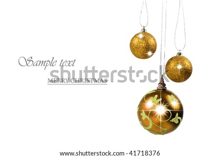 Three golden christmas baubles against white background with space for text