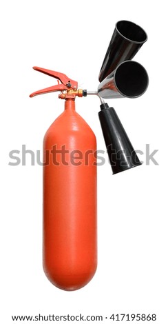 Fire extinguisher with three nozzles. Collage. Isolated on white background 