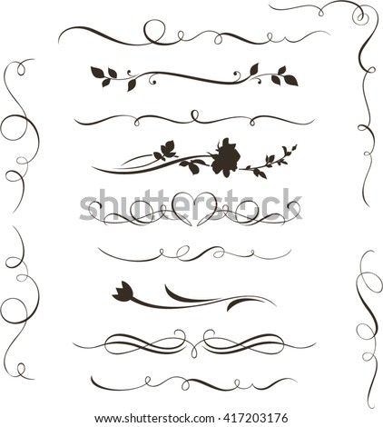 Set of decorative calligraphic elements, floral dividers and flower silhouettes for your design. 