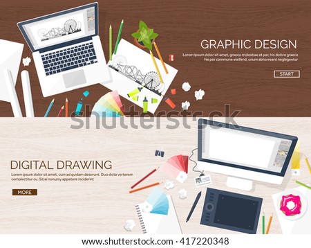 Graphic and web design illustration.Flat style.Designer workplace with tools.Web development,user interface design.UI.Digital drawing.Graphic design trends and ideas.Motion graphic software,tutorial
