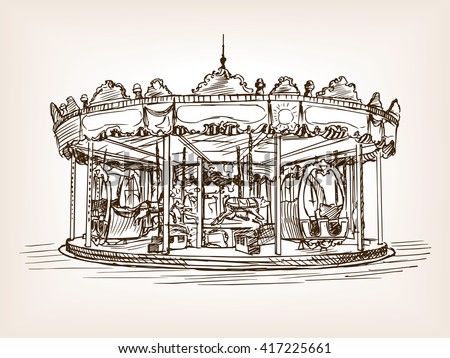 Children carousel sketch style vector illustration. Old engraving imitation. 