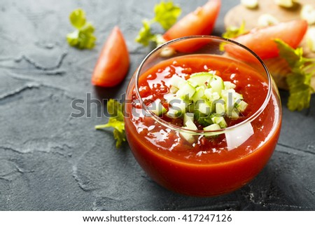 Tomato gazpacho soup with fresh cucumbers Royalty-Free Stock Photo #417247126